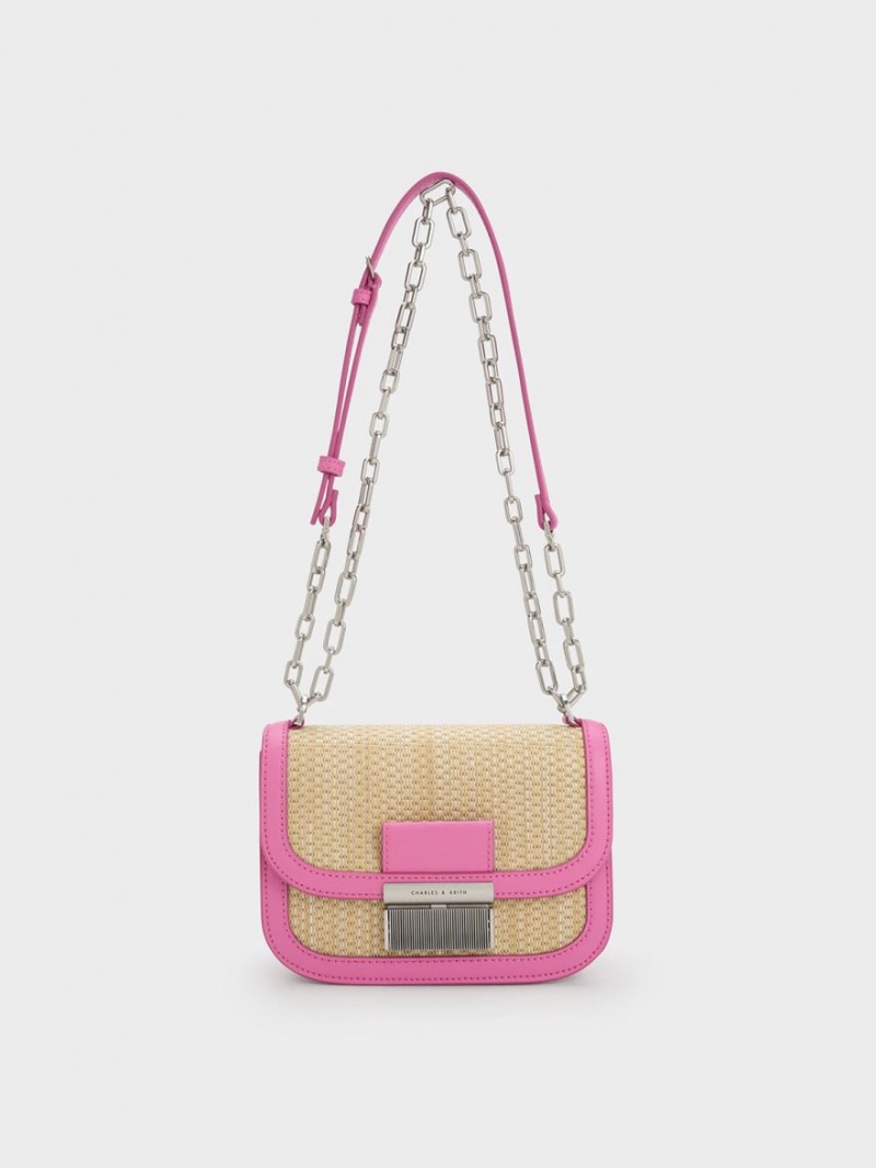 Charles And Keith Charlot Raffia Chain Strap Shoulder Bags Pink | PHILIPPINES C803