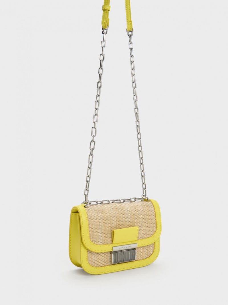 Charles And Keith Charlot Raffia Chain Strap Shoulder Bags Yellow | PHILIPPINES K486