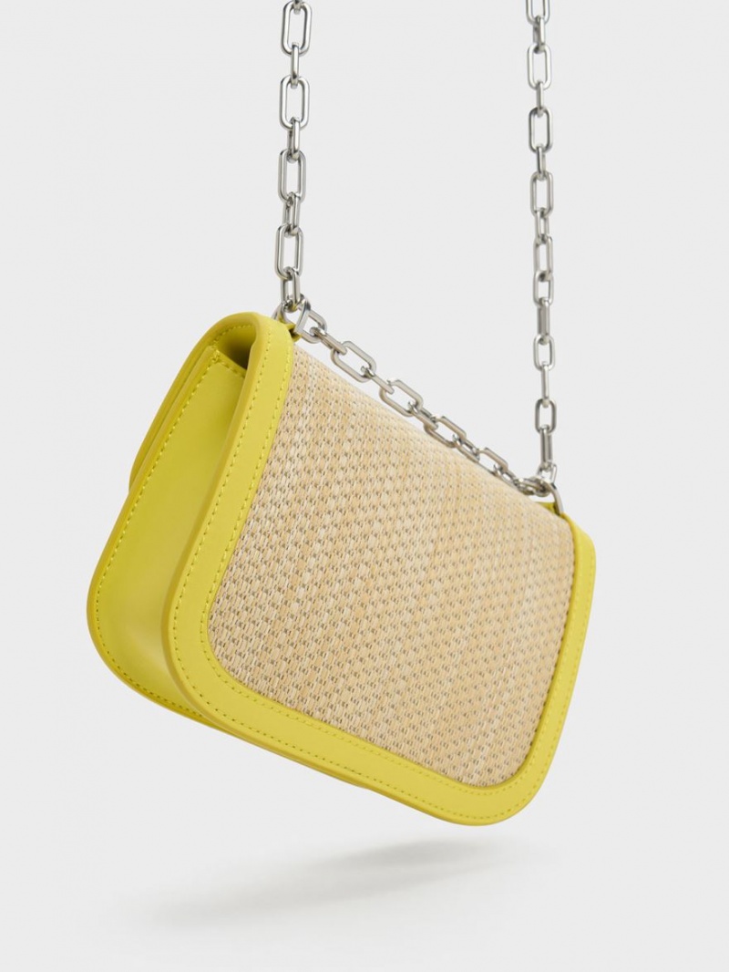 Charles And Keith Charlot Raffia Chain Strap Shoulder Bags Yellow | PHILIPPINES K486