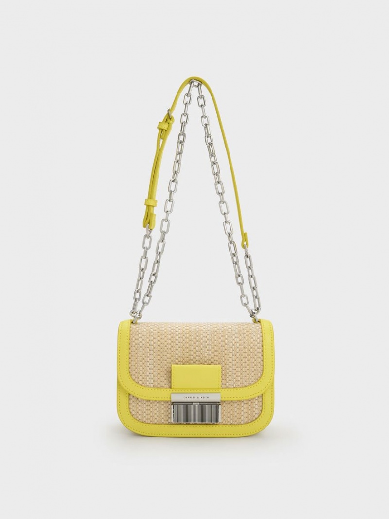 Charles And Keith Charlot Raffia Chain Strap Shoulder Bags Yellow | PHILIPPINES K486