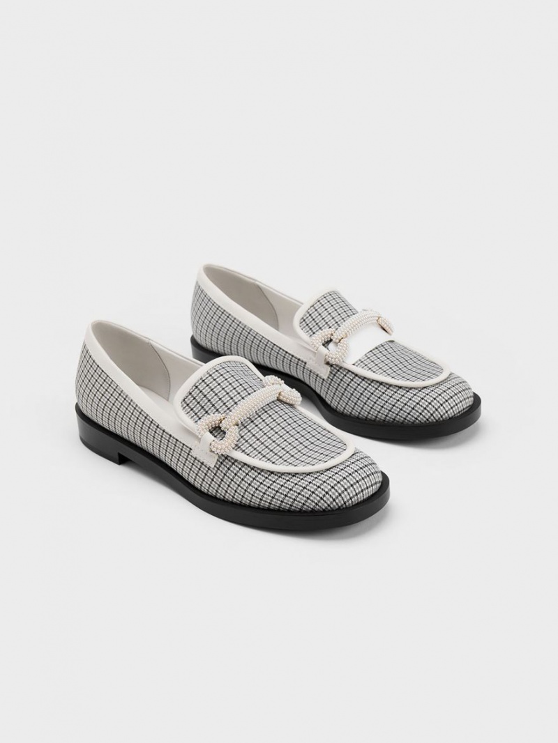 Charles And Keith Checkered Beaded Strap Loafers Grey | PHILIPPINES S184