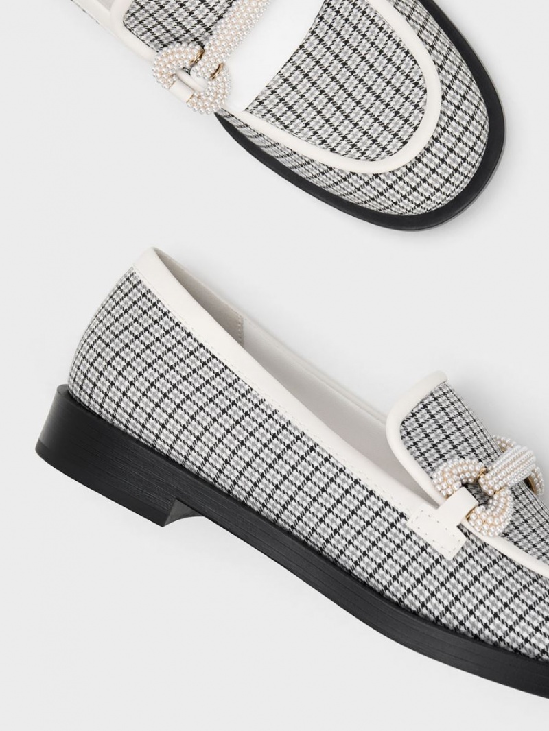 Charles And Keith Checkered Beaded Strap Loafers Grey | PHILIPPINES S184