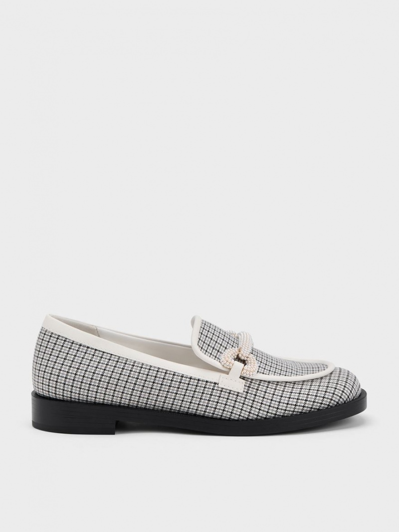 Charles And Keith Checkered Beaded Strap Loafers Grey | PHILIPPINES S184