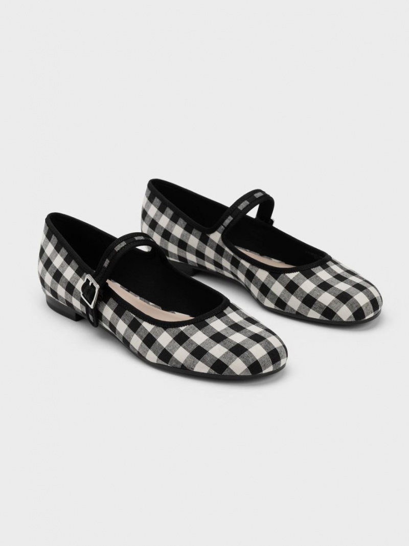 Charles And Keith Checkered Buckled Mary Jane Flat Shoes Black | PHILIPPINES Z610