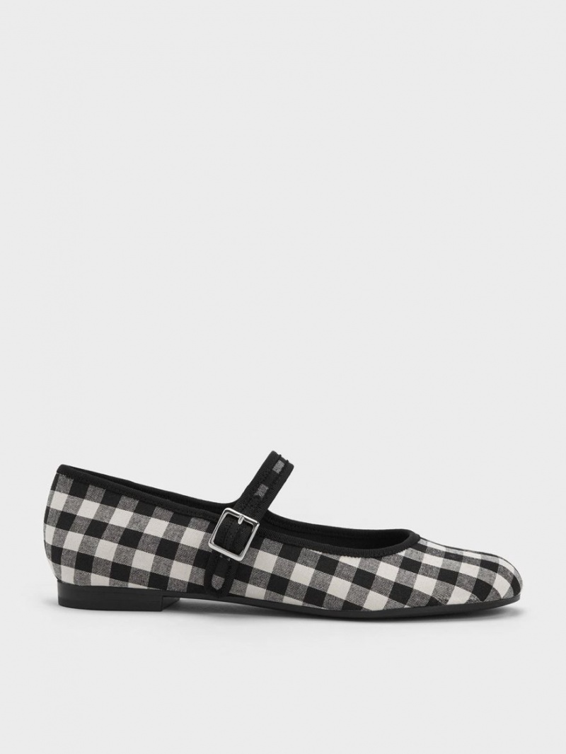 Charles And Keith Checkered Buckled Mary Jane Flat Shoes Black | PHILIPPINES Z610