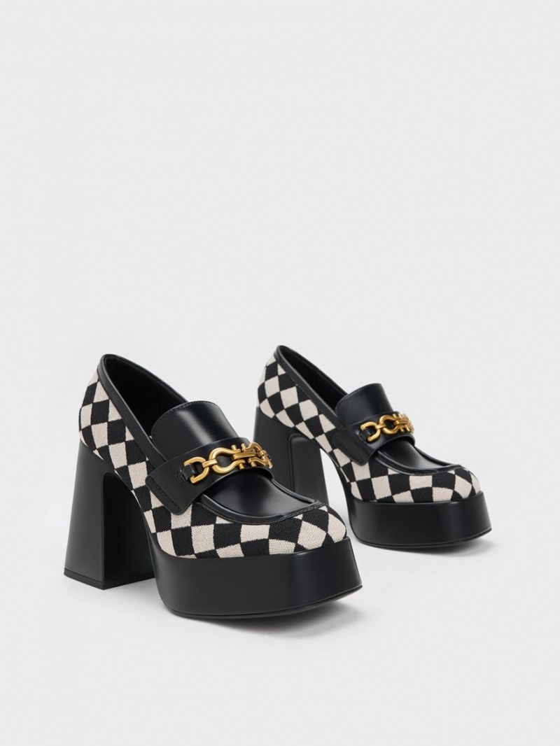 Charles And Keith Checkered Metallic Accent Platform Loafers Black | PHILIPPINES W968