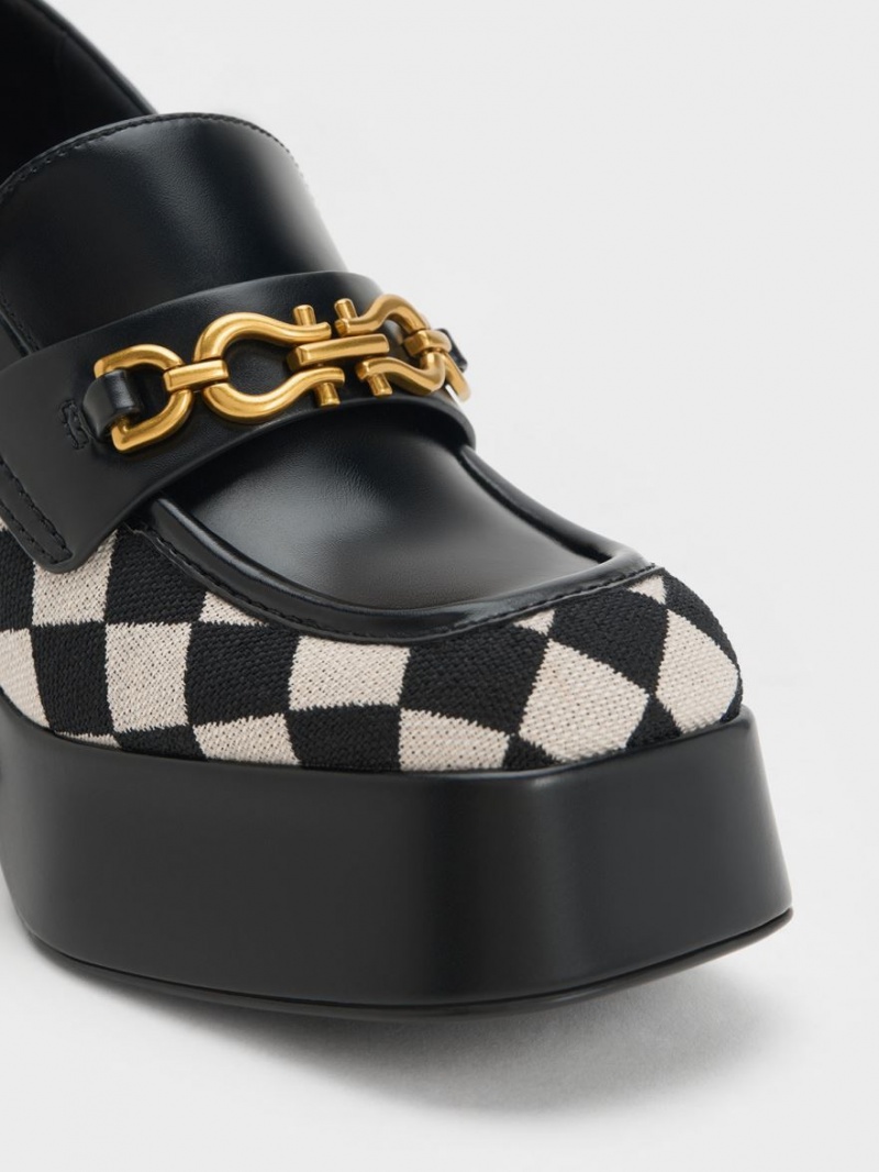 Charles And Keith Checkered Metallic Accent Platform Loafers Black | PHILIPPINES W968