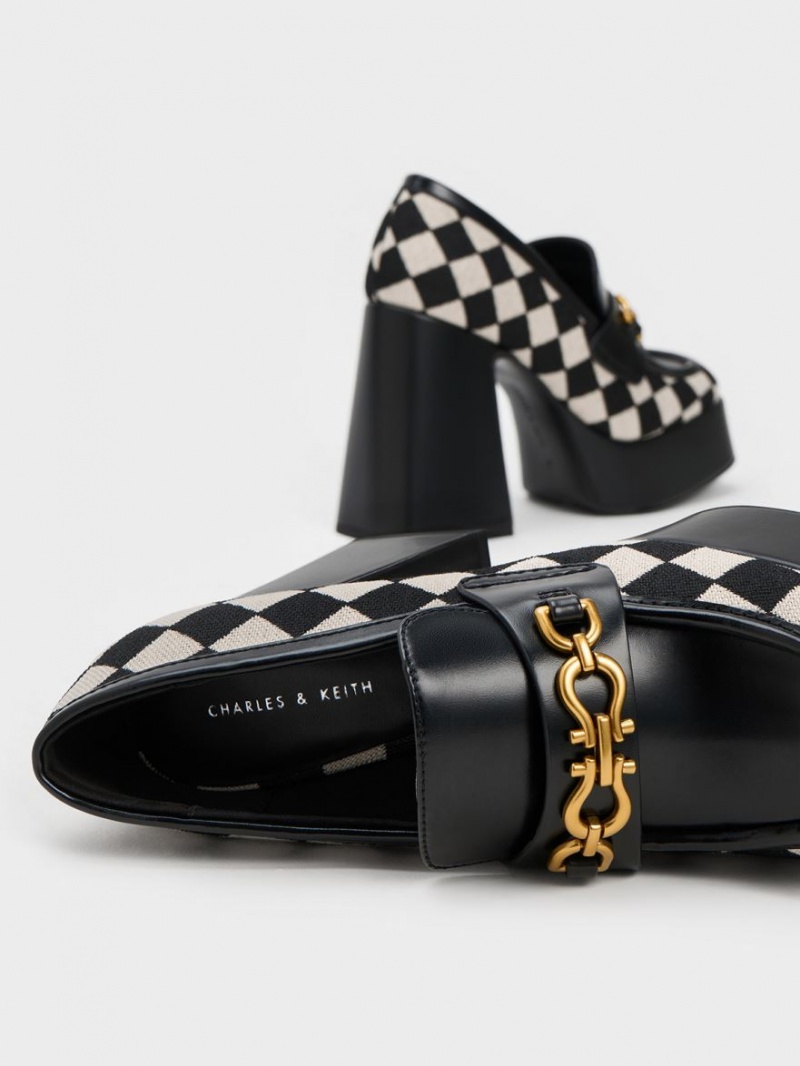 Charles And Keith Checkered Metallic Accent Platform Loafers Black | PHILIPPINES W968