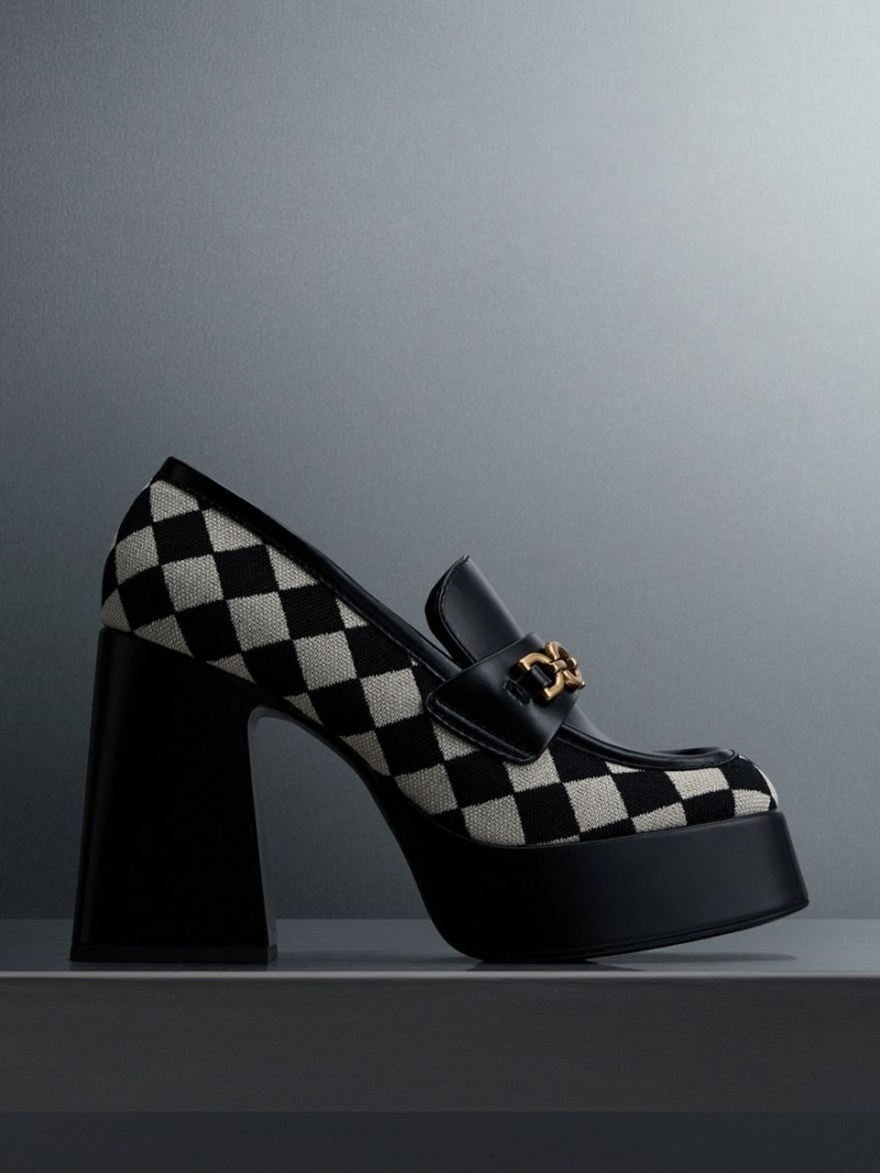 Charles And Keith Checkered Metallic Accent Platform Loafers Black | PHILIPPINES W968