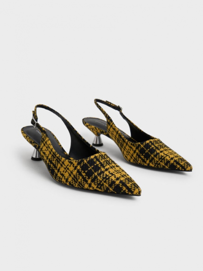 Charles And Keith Checkered Spool Heel Slingback Pumps Yellow | PHILIPPINES B729