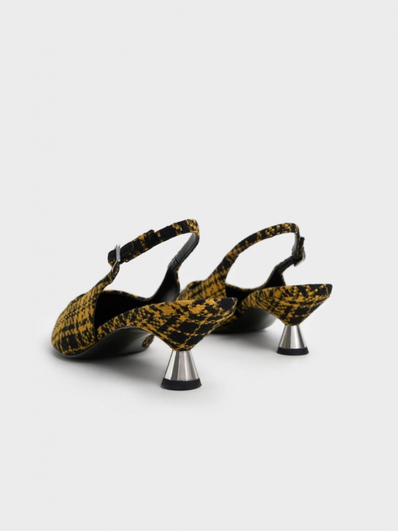 Charles And Keith Checkered Spool Heel Slingback Pumps Yellow | PHILIPPINES B729