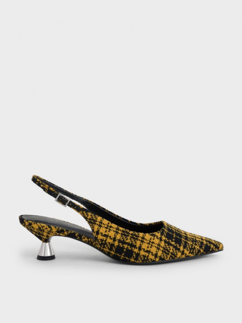 Charles And Keith Checkered Spool Heel Slingback Pumps Yellow | PHILIPPINES B729