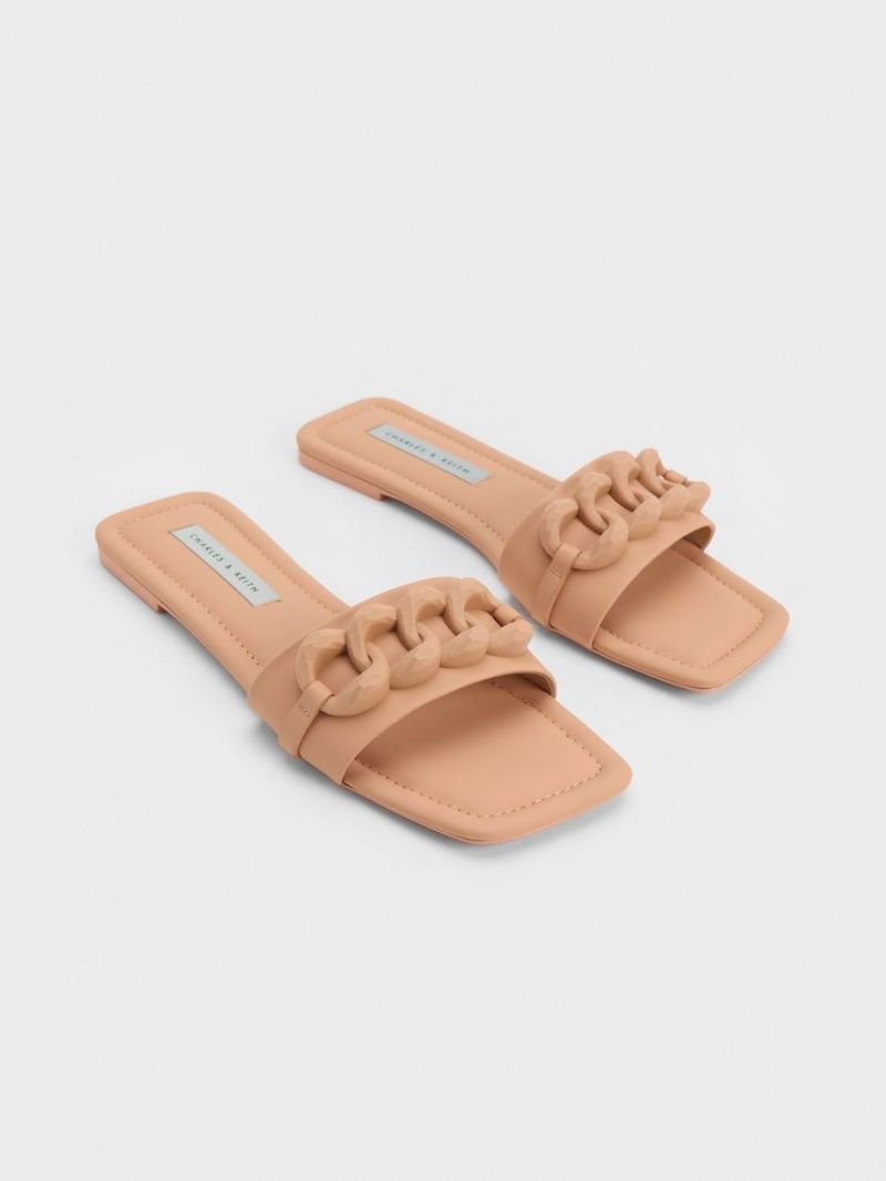 Charles And Keith Chunky Chain-Link Slide Sandals Brown | PHILIPPINES I306