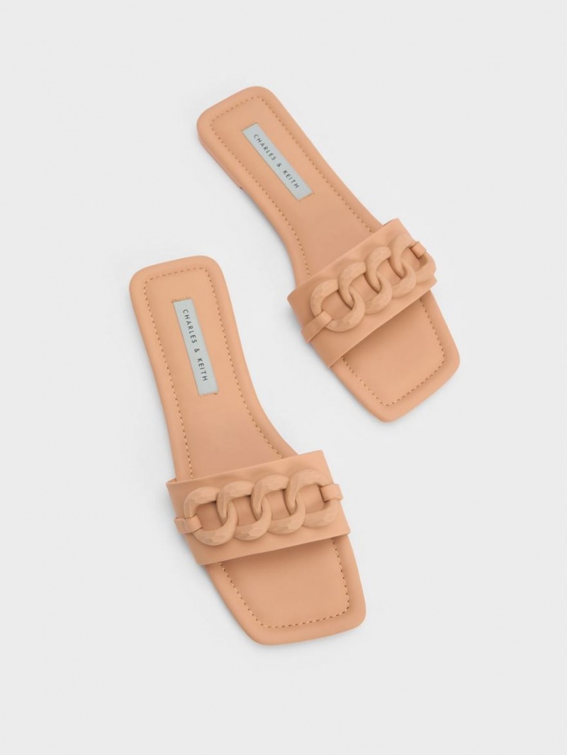 Charles And Keith Chunky Chain-Link Slide Sandals Brown | PHILIPPINES I306