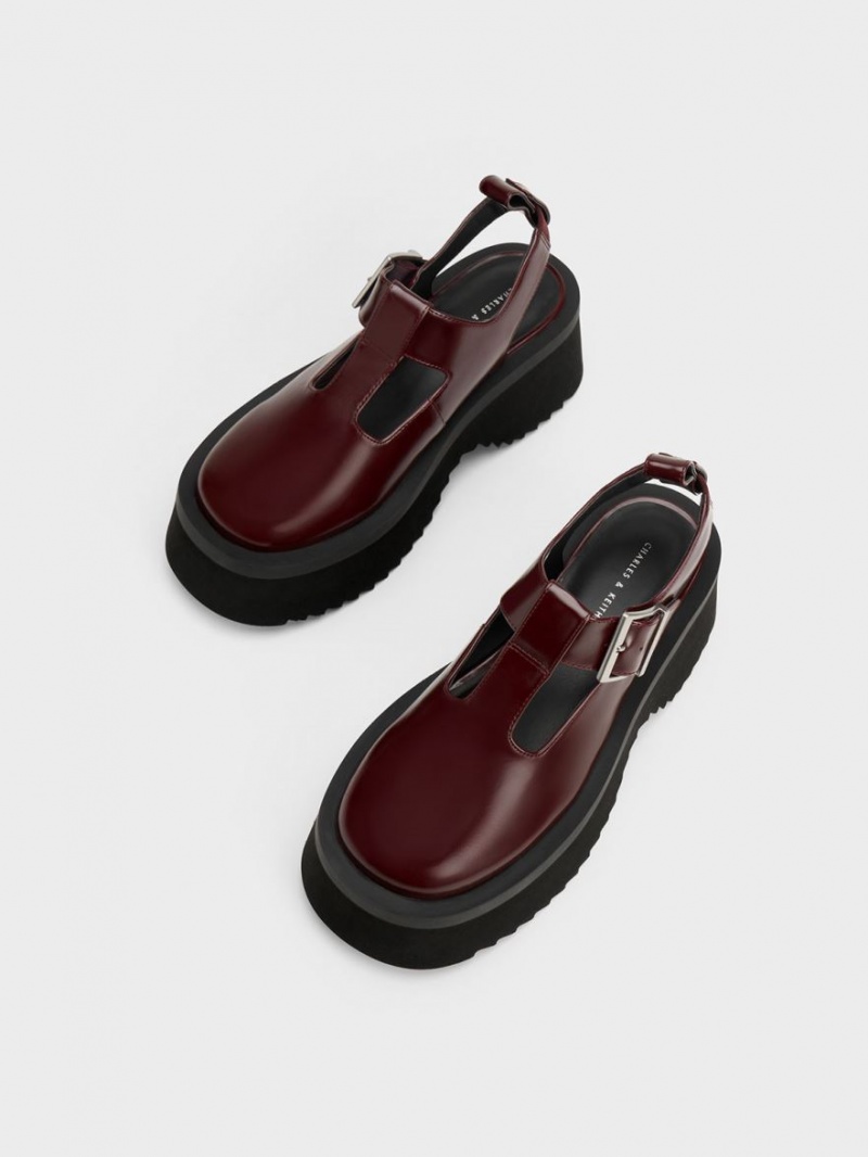 Charles And Keith Chunky Chain Cut-Out Mary Jane Shoes Burgundy | PHILIPPINES W819