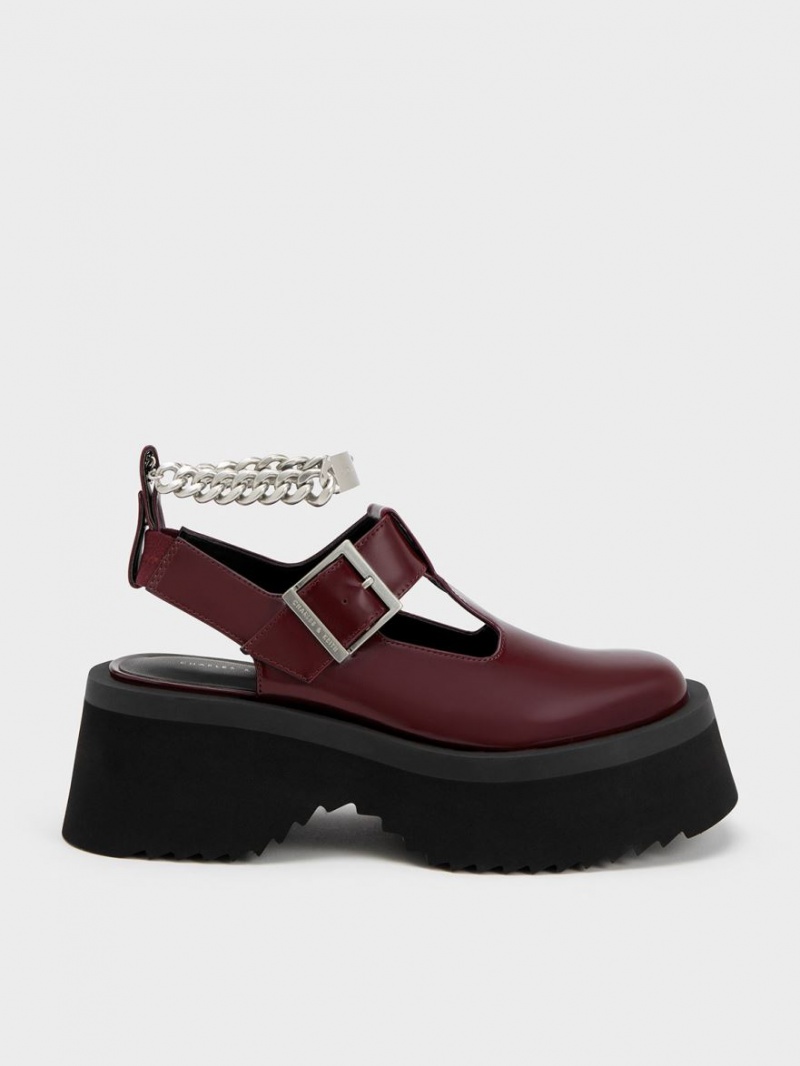 Charles And Keith Chunky Chain Cut-Out Mary Jane Shoes Burgundy | PHILIPPINES W819