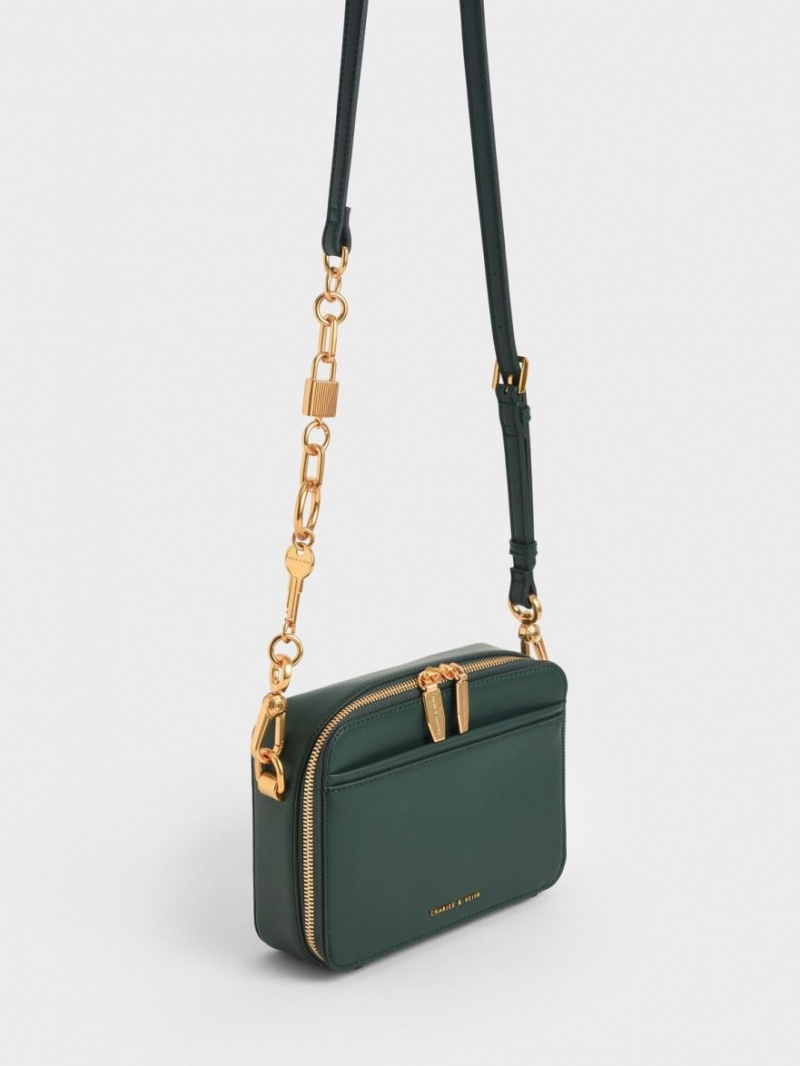 Charles And Keith Chunky Chain Handle Two-Way Zip Crossbody Bags Dark Green | PHILIPPINES H271