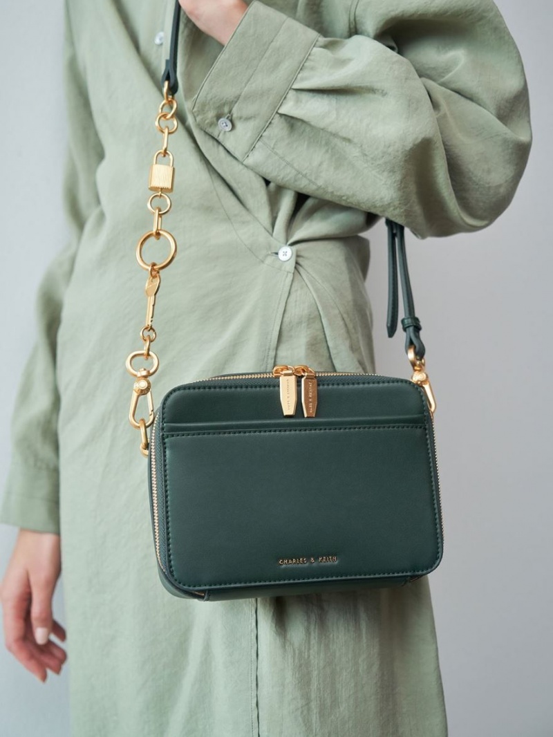 Charles And Keith Chunky Chain Handle Two-Way Zip Crossbody Bags Dark Green | PHILIPPINES H271