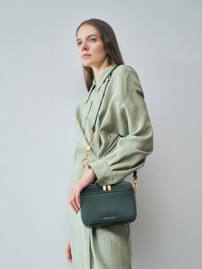 Charles And Keith Chunky Chain Handle Two-Way Zip Crossbody Bags Dark Green | PHILIPPINES H271