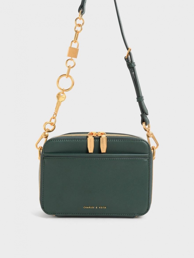 Charles And Keith Chunky Chain Handle Two-Way Zip Crossbody Bags Dark Green | PHILIPPINES H271