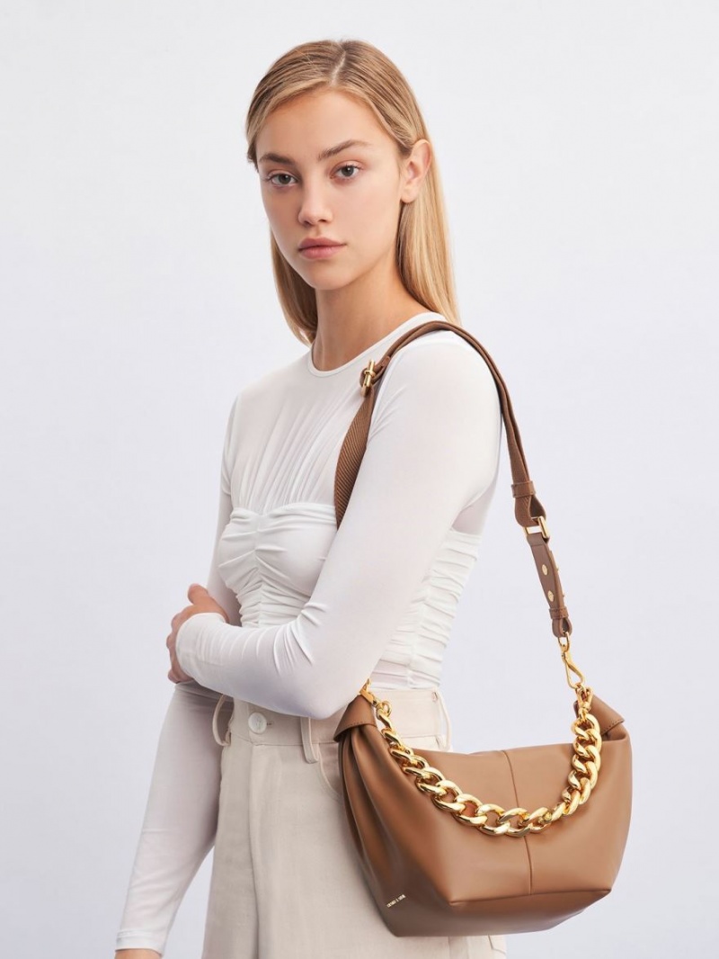 Charles And Keith Chunky Chain Link Hobo Bag Chocolate | PHILIPPINES K935