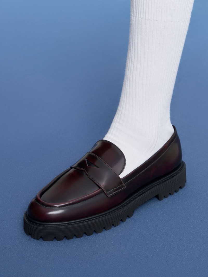 Charles And Keith Chunky Penny Loafers Burgundy | PHILIPPINES V721