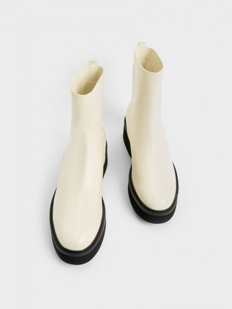 Charles And Keith Chunky Platform Chelsea Boots Cream | PHILIPPINES G172