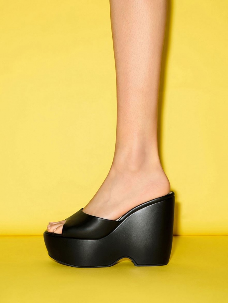 Charles And Keith Chunky Platform Wedge Mules Black | PHILIPPINES X845