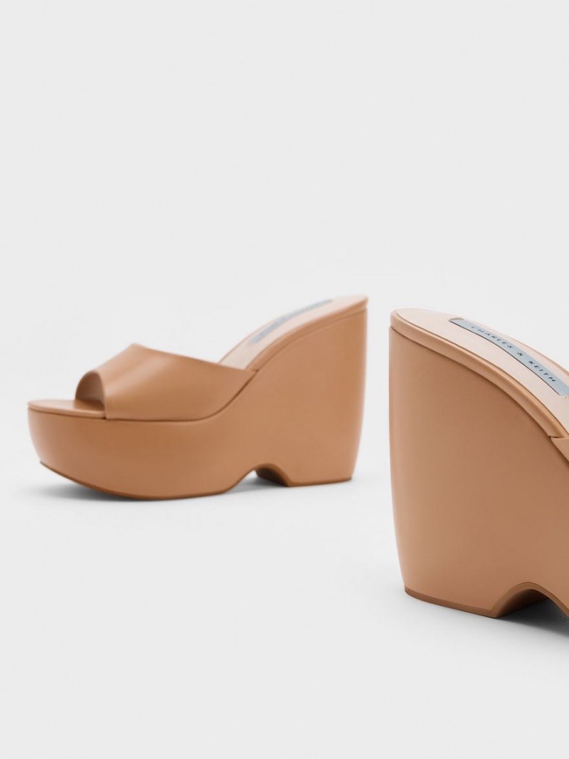 Charles And Keith Chunky Platform Wedge Mules Brown | PHILIPPINES U031