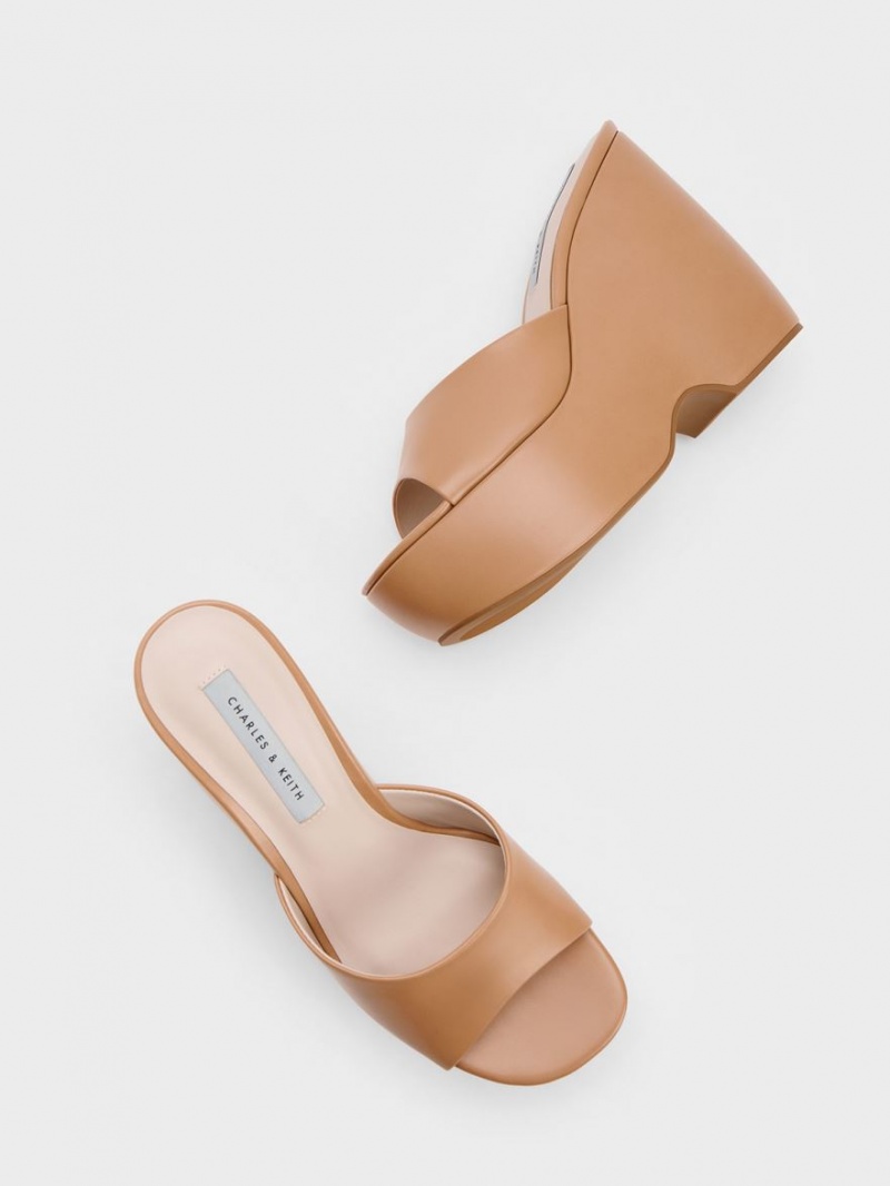 Charles And Keith Chunky Platform Wedge Mules Brown | PHILIPPINES U031