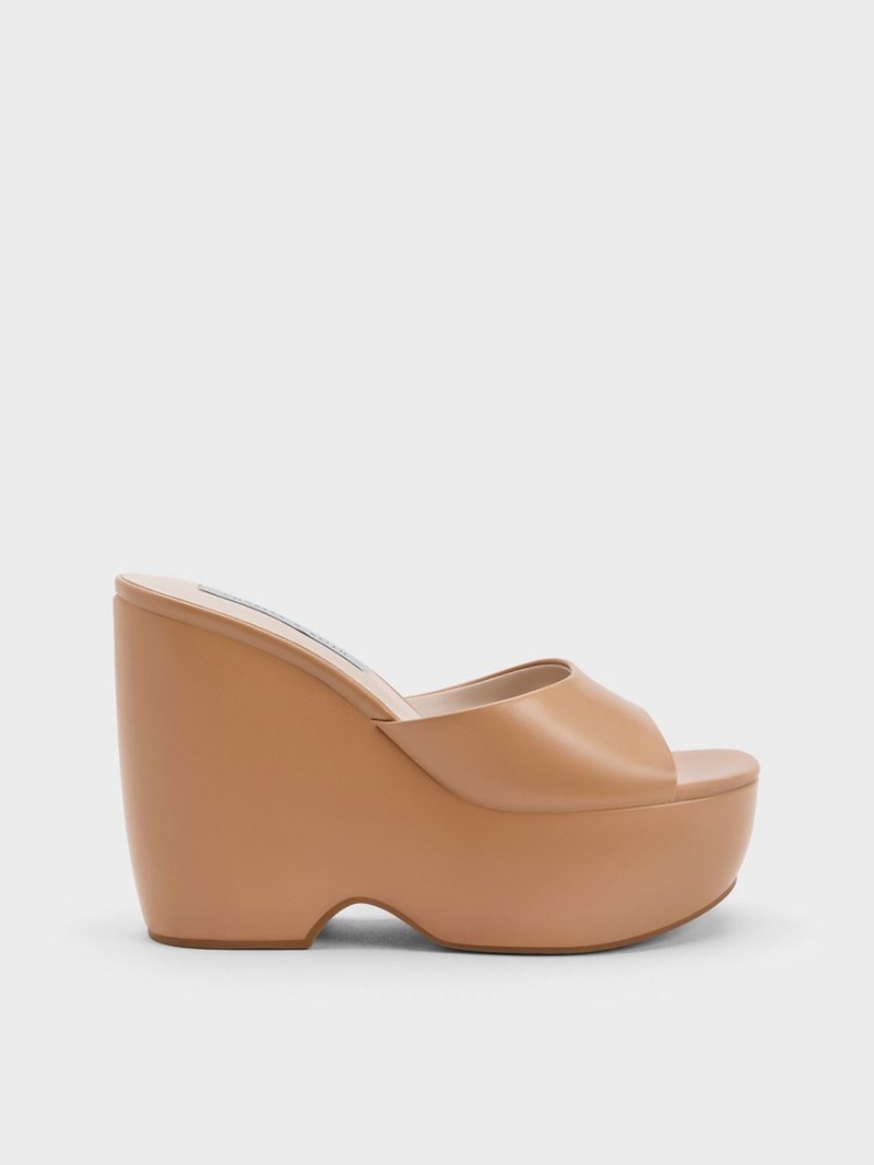 Charles And Keith Chunky Platform Wedge Mules Brown | PHILIPPINES U031