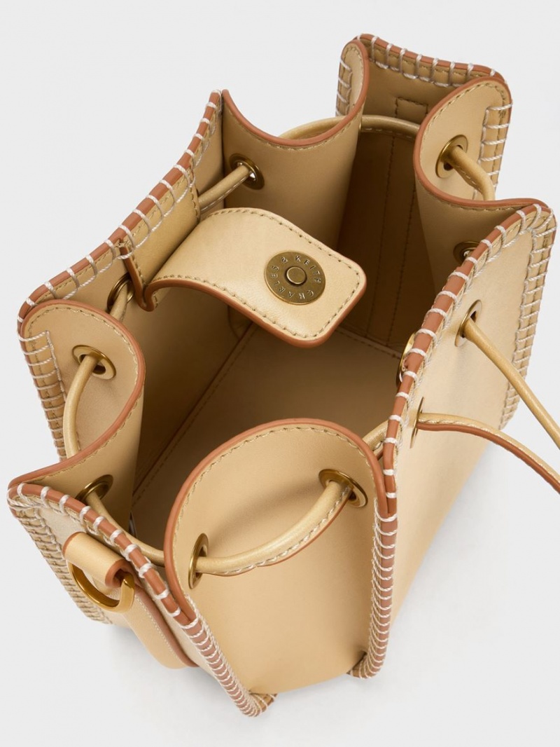 Charles And Keith Circe Stitch-Trim Bucket Bags Beige | PHILIPPINES N238