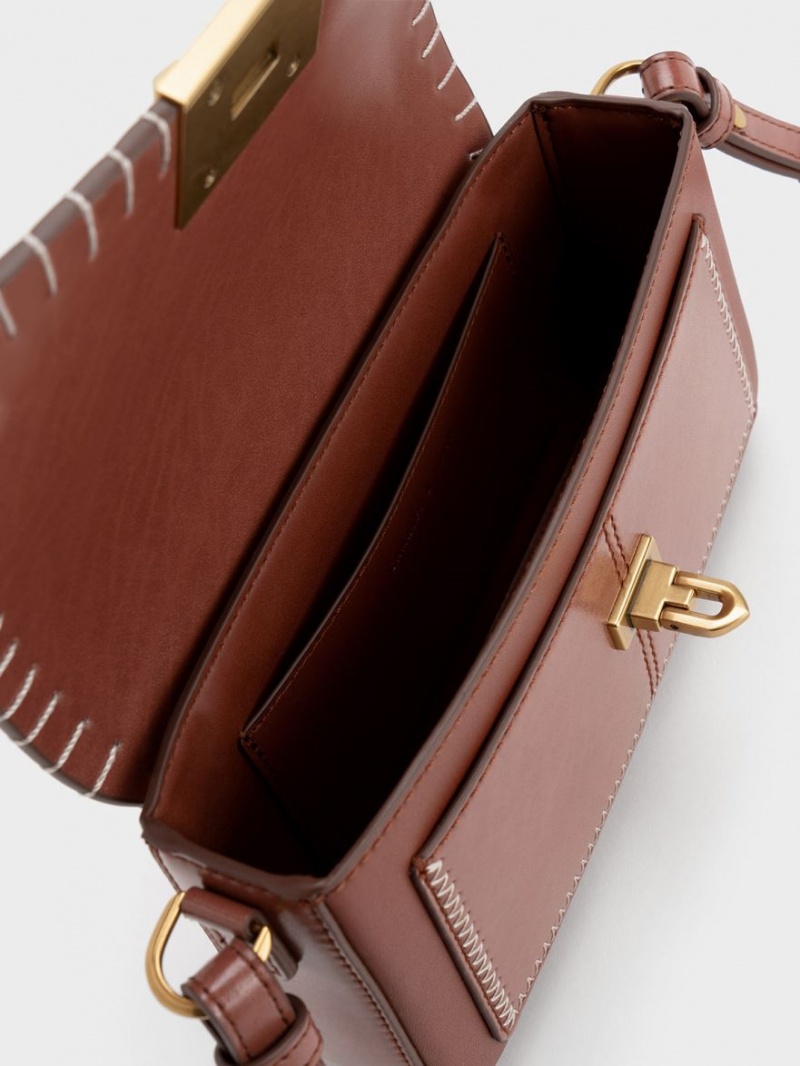 Charles And Keith Circe Stitch-Trim Top Handbag Brown | PHILIPPINES F743