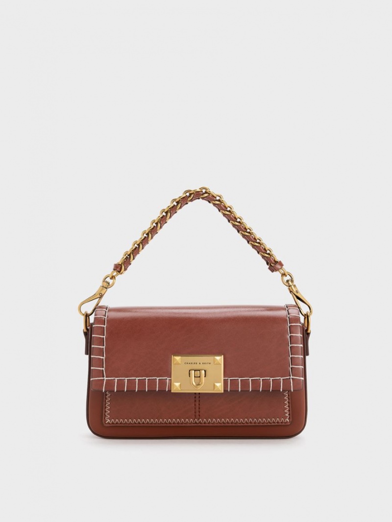 Charles And Keith Circe Stitch-Trim Top Handbag Brown | PHILIPPINES F743