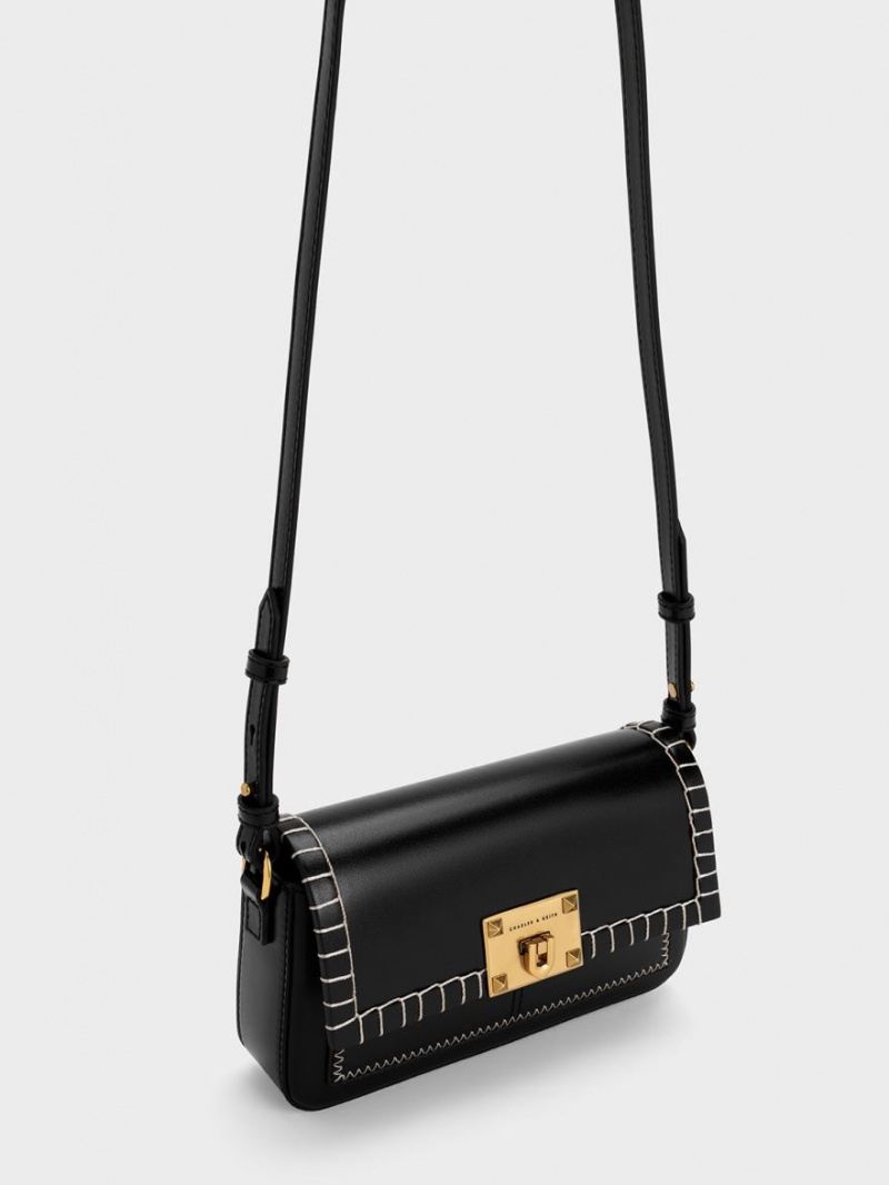 Charles And Keith Circe Stitch-Trim Top Handbag Black | PHILIPPINES A749