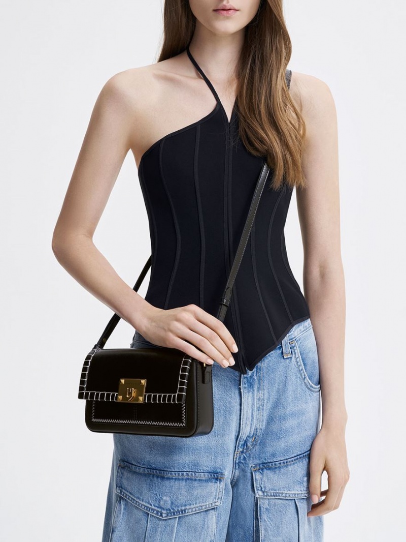 Charles And Keith Circe Stitch-Trim Top Handbag Black | PHILIPPINES A749