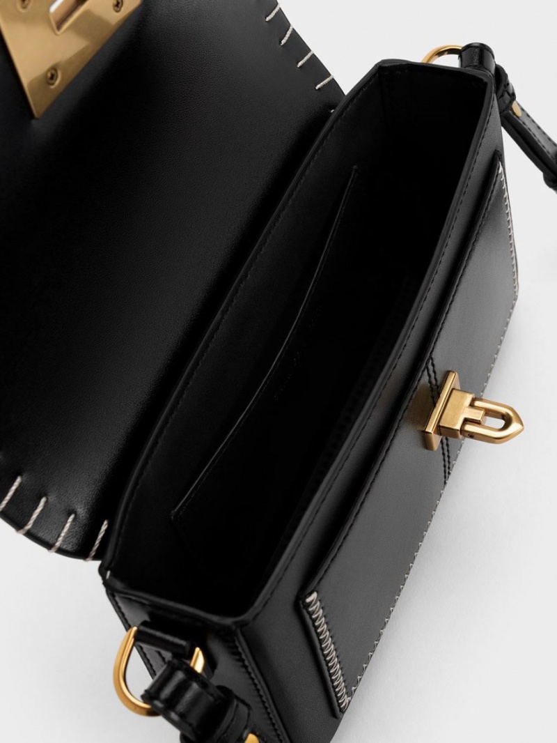 Charles And Keith Circe Stitch-Trim Top Handbag Black | PHILIPPINES A749