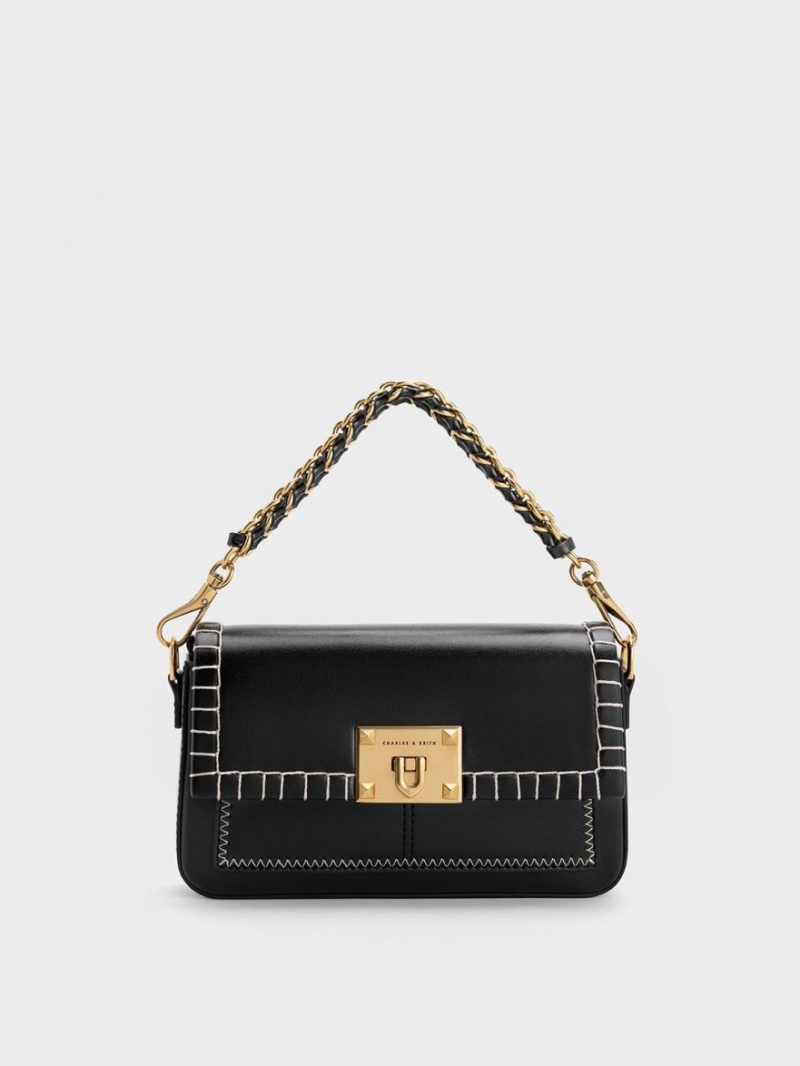 Charles And Keith Circe Stitch-Trim Top Handbag Black | PHILIPPINES A749