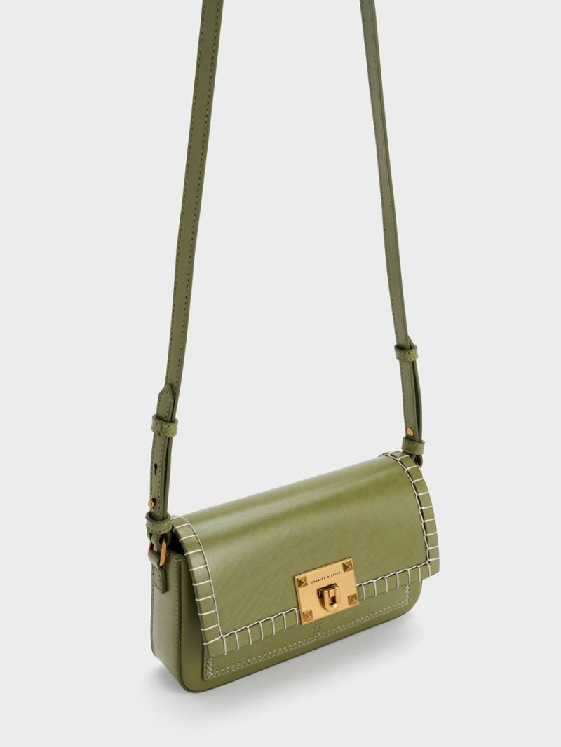 Charles And Keith Circe Stitch-Trim Top Handbag Olive | PHILIPPINES G765