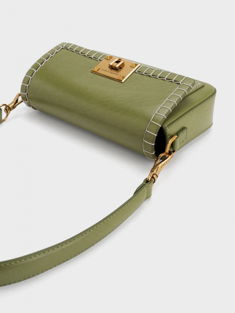 Charles And Keith Circe Stitch-Trim Top Handbag Olive | PHILIPPINES G765