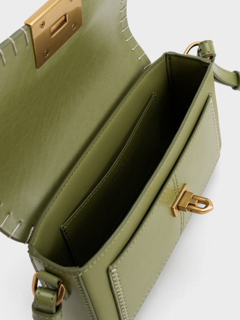 Charles And Keith Circe Stitch-Trim Top Handbag Olive | PHILIPPINES G765