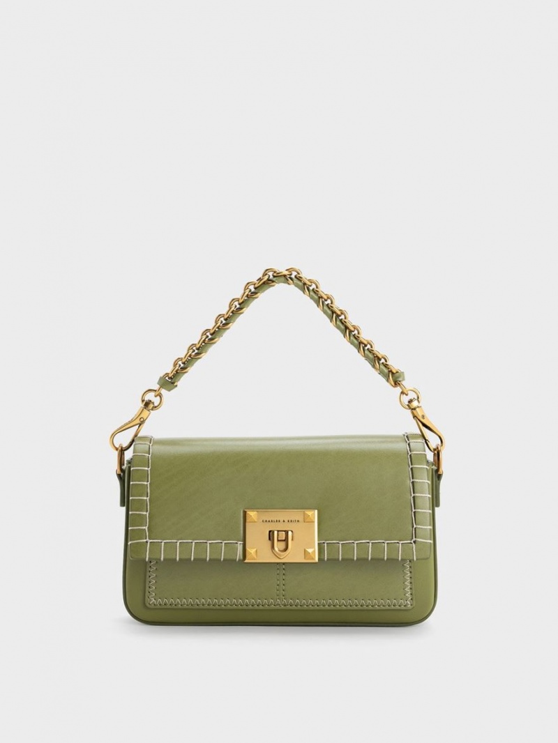 Charles And Keith Circe Stitch-Trim Top Handbag Olive | PHILIPPINES G765