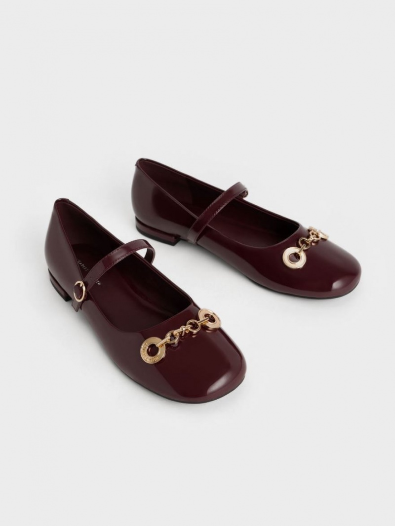 Charles And Keith Circle Chain-Link Patent Mary Jane Shoes Burgundy | PHILIPPINES N106