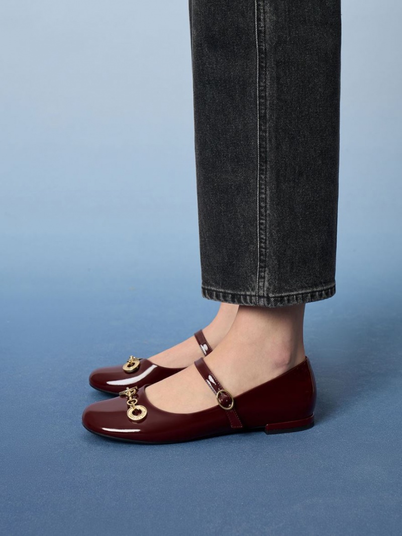 Charles And Keith Circle Chain-Link Patent Mary Jane Shoes Burgundy | PHILIPPINES N106