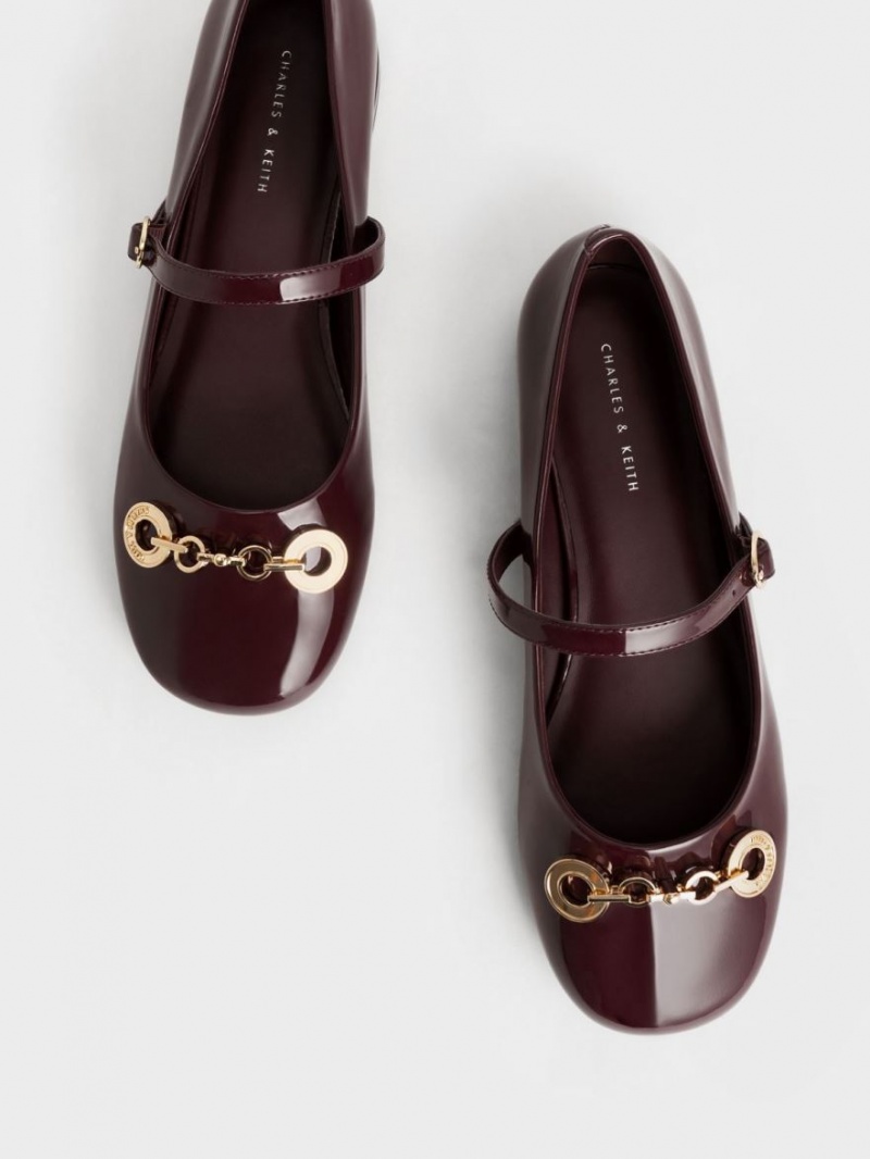 Charles And Keith Circle Chain-Link Patent Mary Jane Shoes Burgundy | PHILIPPINES N106