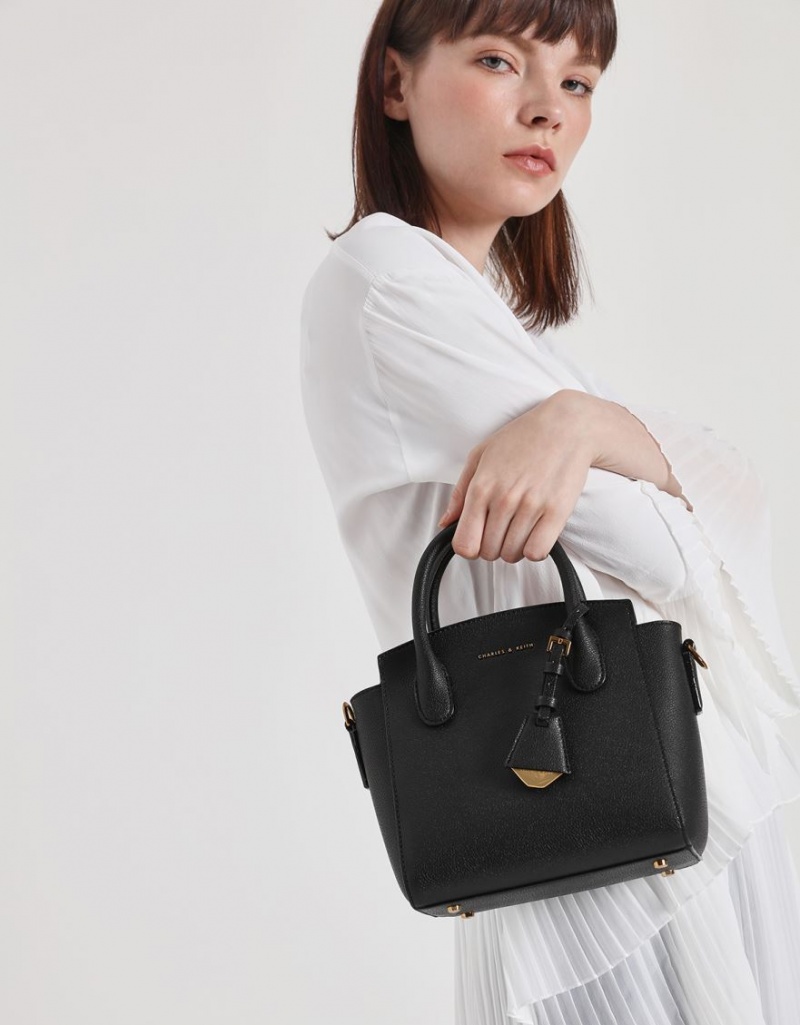 Charles And Keith Classic Double Top Handbag Black | PHILIPPINES B598