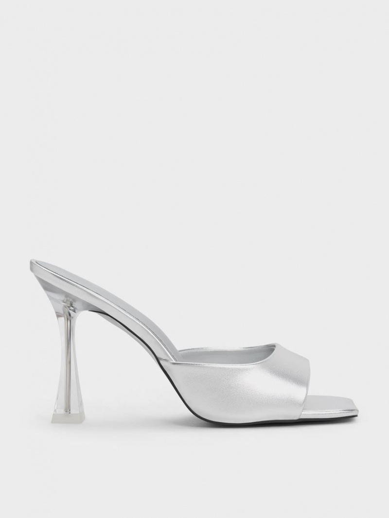 Charles And Keith Clear Flared Heel Metallic Mules Silver | PHILIPPINES Q124