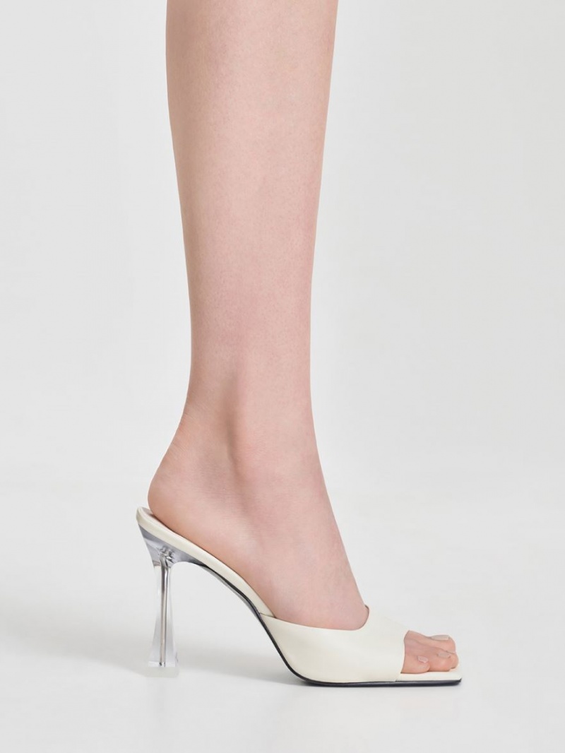 Charles And Keith Clear Flared Heel Mules Cream | PHILIPPINES V386