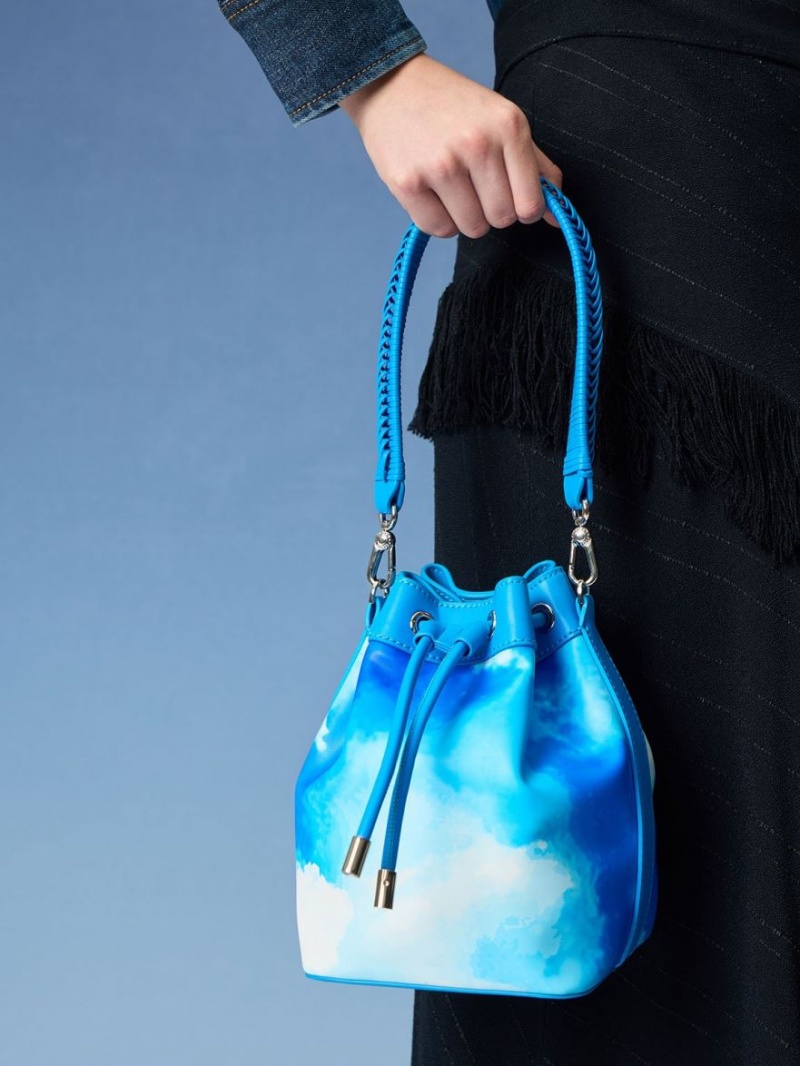 Charles And Keith Cloud-Print Braided-Handle Drawstring Bucket Bags Blue | PHILIPPINES O213