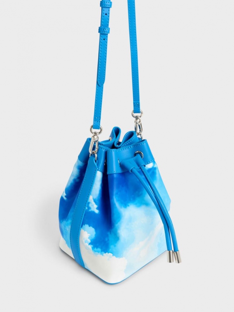 Charles And Keith Cloud-Print Braided-Handle Drawstring Bucket Bags Blue | PHILIPPINES O213